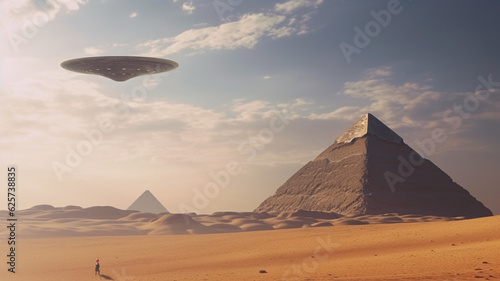 abstract  pyramid in the desert and spaceship hovers or flies over it  fictional location