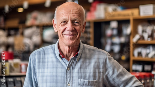 elderly man is shopkeeper of a local small business selling goods or services, fictional location