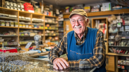 elderly man is shopkeeper of a local small business selling goods or services, fictional location