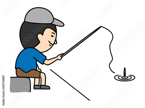 水辺で一人座ってウキ釣りをする少年のイラスト
