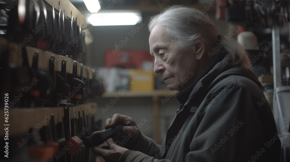 custom made wallpaper toronto digitalold woman, elderly woman works in her garage or workshop, job and works or free time and hobby, fictional, tools, interior with lights