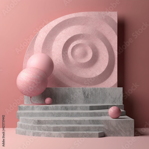 Marble pink round podium or stand top view flat lay product display minimal, simple pastel pink background. Generative AI
 photo