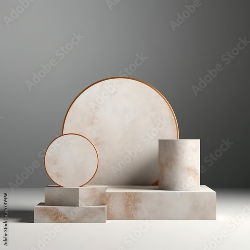 White marble stage podium display, abstract minimal concept, blank space and luxury mockup. Generative AI
 photo