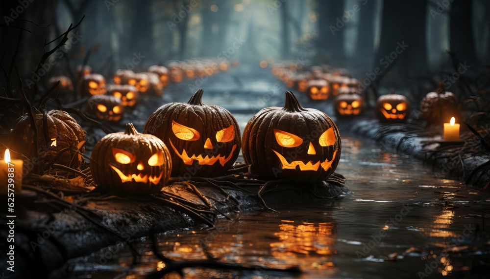 Halloween Pumpkins On Wood In A Spooky Forest At Night Halloween Pumpkins On Wood In A Spooky Forest At Night