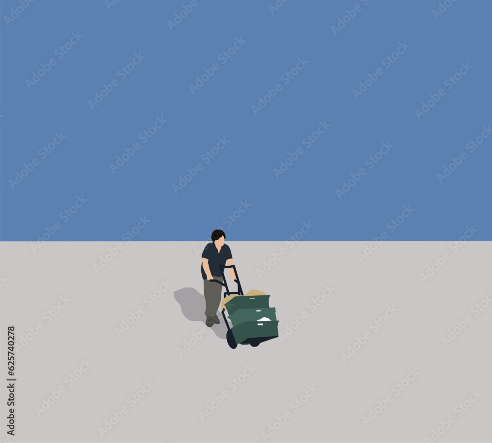 Man pushing and pulling hand truck loaded with box. Busy street pulling luggage cart. Warehouse and logistic and business Man pushing and pulling hand truck loaded with box. Busy street pulling luggage cart. Warehouse and logistic and business