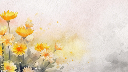 Abstract Floral Yellow Delosperma Flower Watercolor Background On Paper
