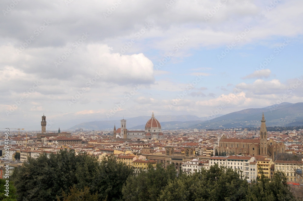 View Of Palazzo Vecchio And Cathedral Of Saint Mary Of the Flower And Basilica Of Santa Croce In Florence, Italy