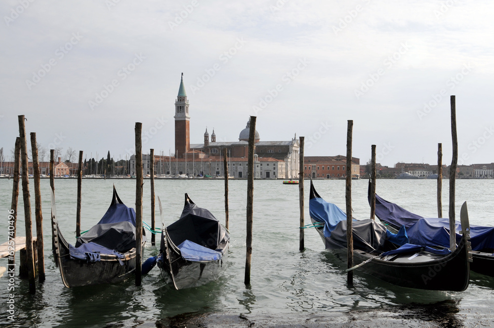 Gondolas On The Grand Canal Near The Campanile Di San Giorgio In Venice, Italy