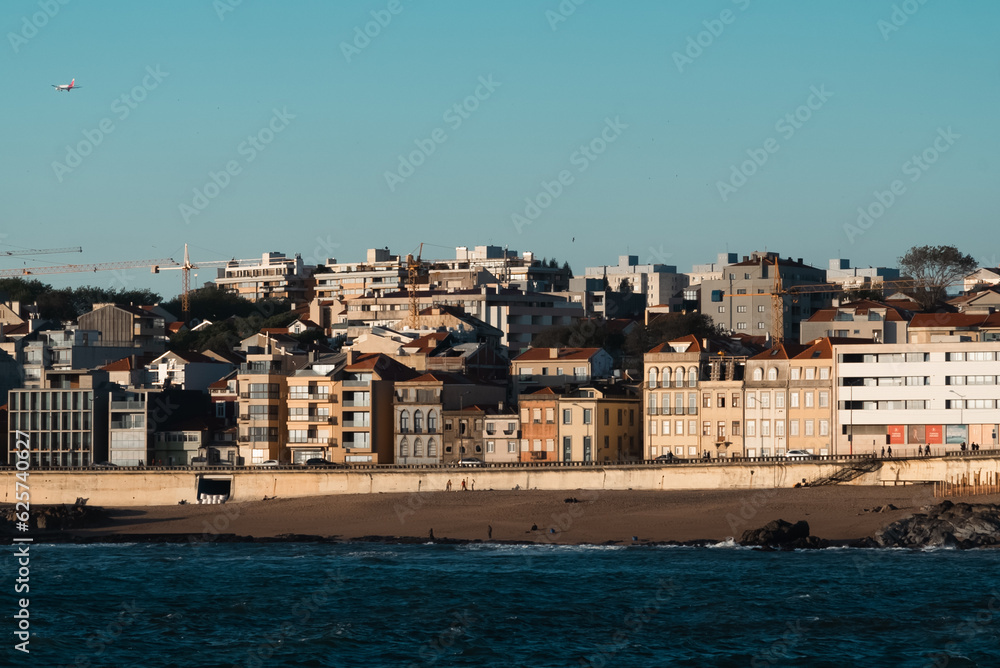 Landscape of the mouth of the duero river to the atlantic. Oporto, Portugal. 