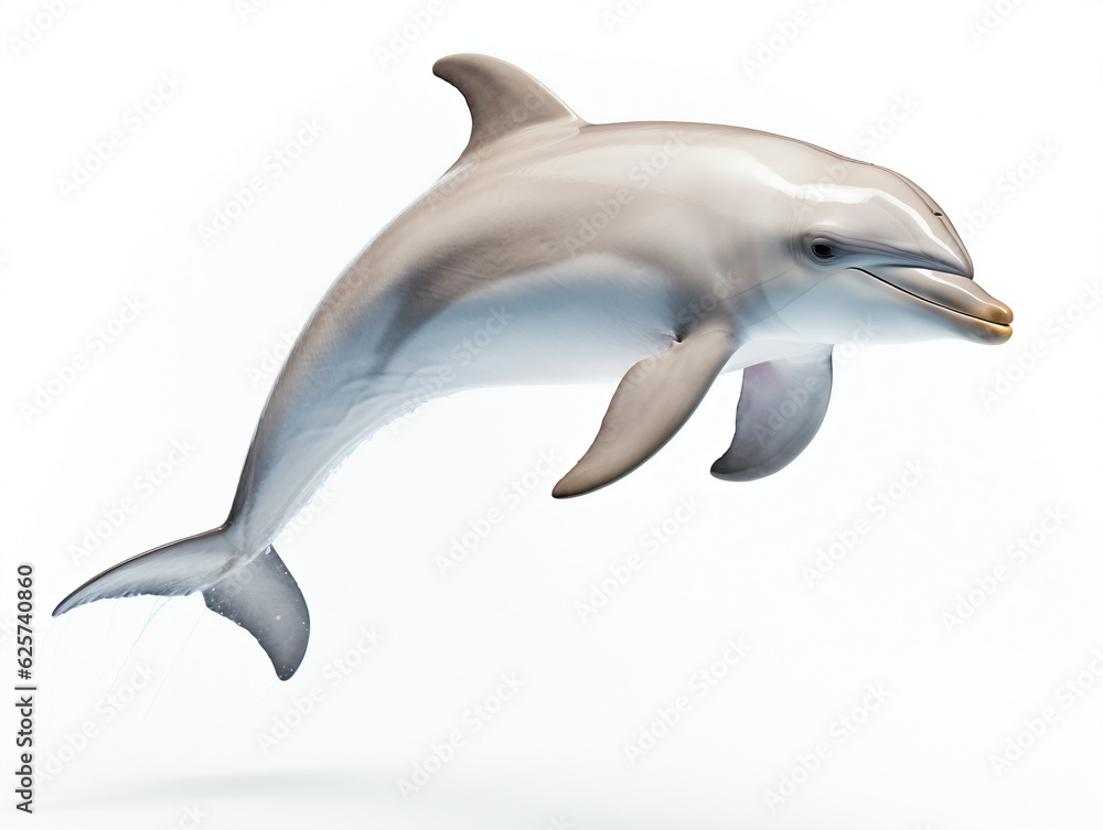 Dolphin is isolated on a white background, side view of the dolphin ached over Dolphin is isolated on a white background, side view of the dolphin ached over