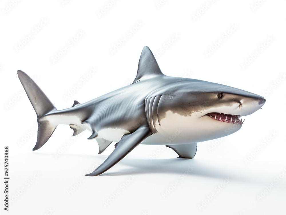 Fototapeta premium Side view of a great white shark isolated on a white background