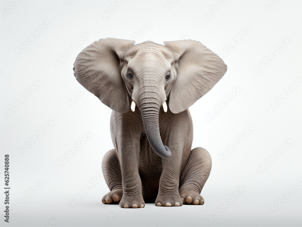 Young Elephant sat on a white studio background