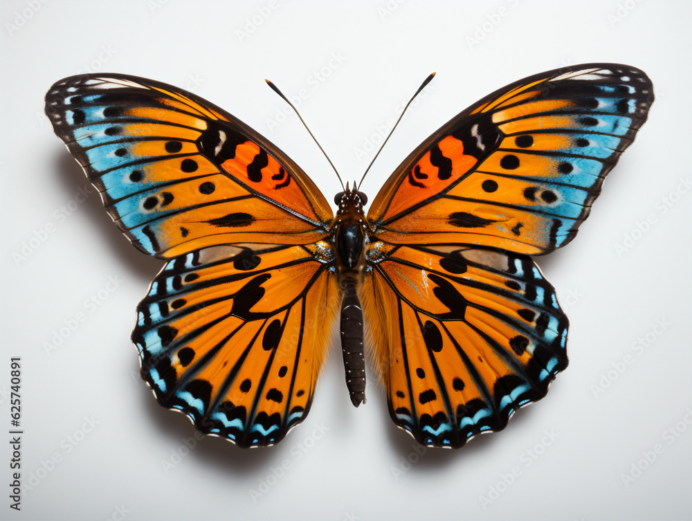 A colourful orange and blue butterfly on a white background