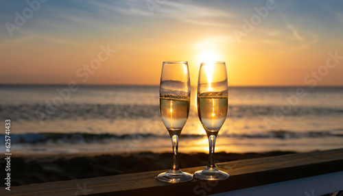 two glasses of champagne on the beach at sunset with sea on the background
