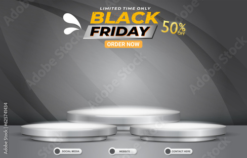 limited black friday discount with landscape template banner and copy space 3d podium for product sale with abstract gradient grey background design