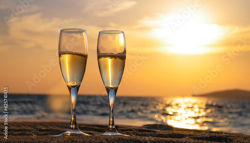 two glasses of champagne on the beach at sunset with sea on the background