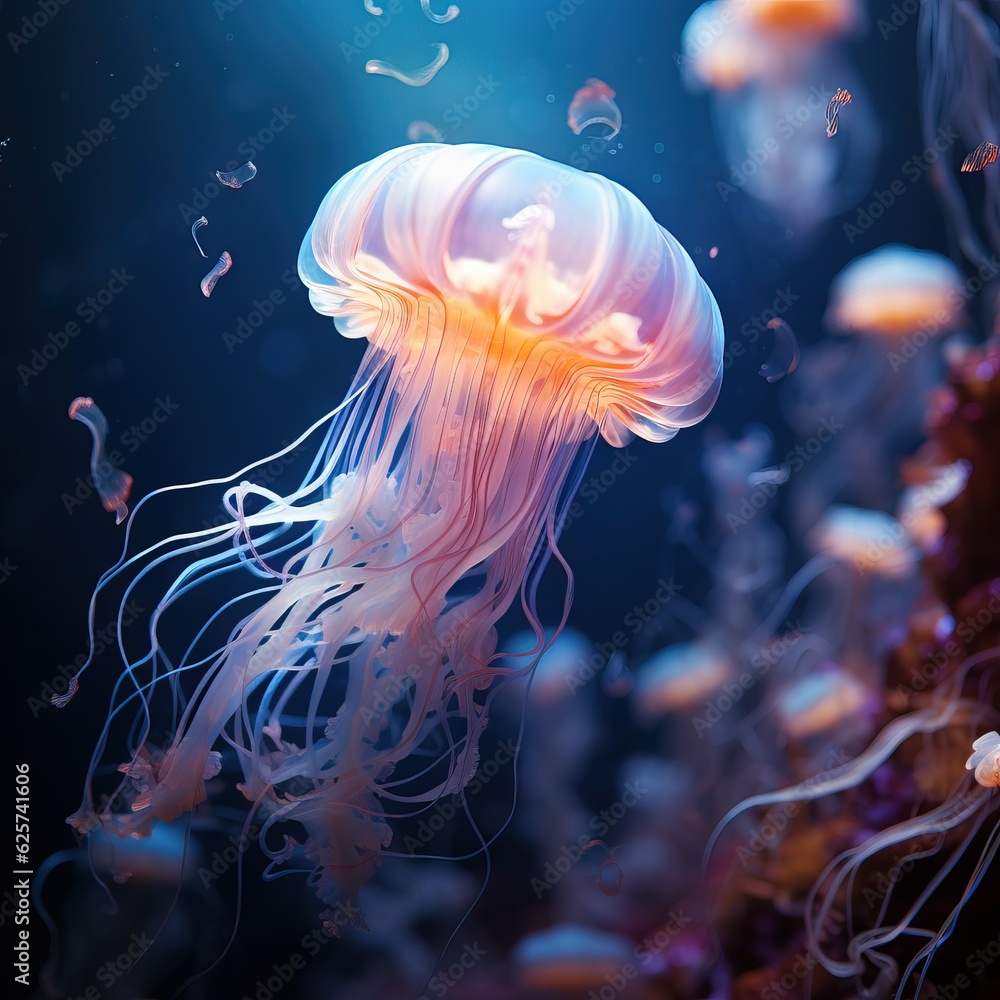 Fototapeta premium Underwater photography of a blue jellyfish, glowing deep in the ocean