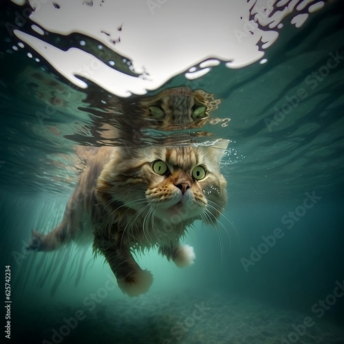 Angry Cat In The Sea. Generative AI