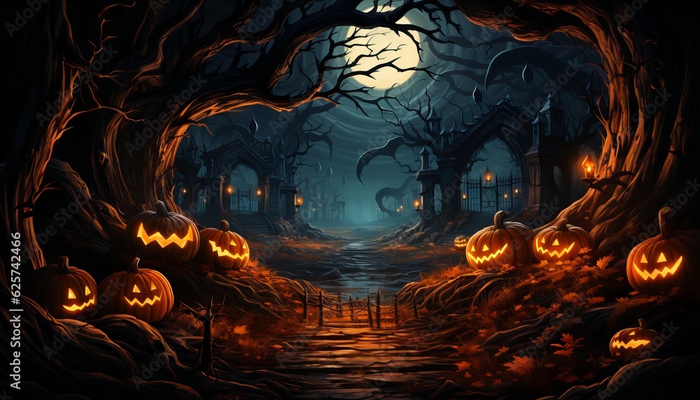 Obraz premium Forest pumpkins. Horror background with autumn valley with woods, spooky tree, pumpkins and spider web