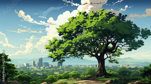 big tree in the middle of the scene, with city background AI generative