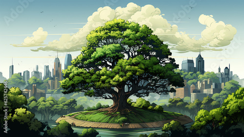 big tree in the middle of the scene  with city background AI generative