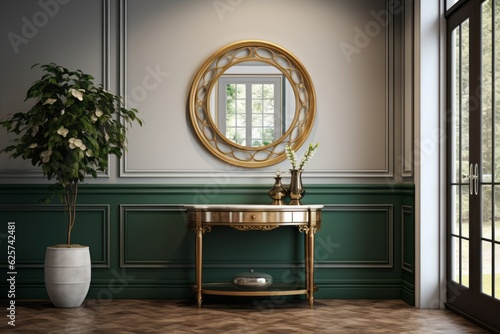 Traditional American Entryway with Gold Framed Pond Mirror Mockup