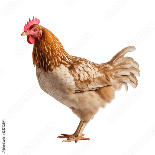 Portrait of a chicken isolated on white background, transparent cutout