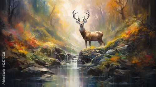 Oil painting illustration, a stag with big antlers standing on the edge of a spring, in the background a waterfall and plants.