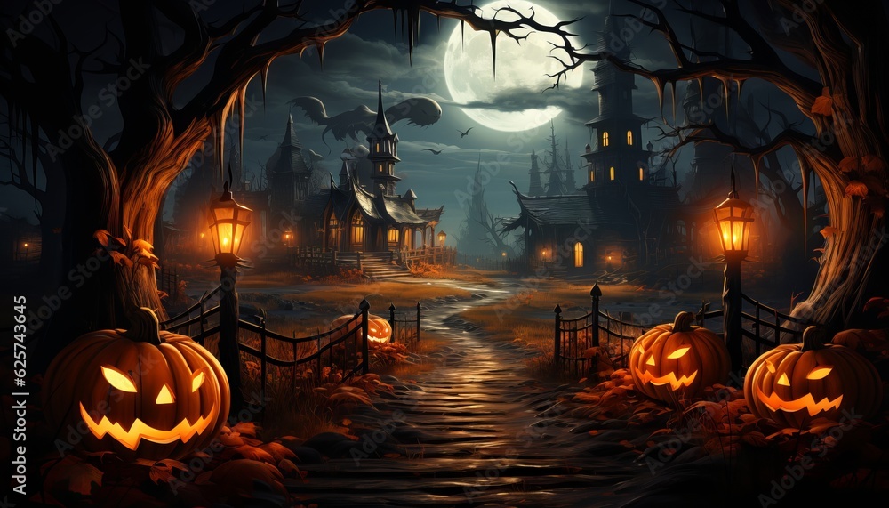 Forest pumpkins. Horror background with autumn valley with woods, spooky tree, pumpkins and spider web Forest pumpkins. Horror background with autumn valley with woods, spooky tree, pumpkins and spider web