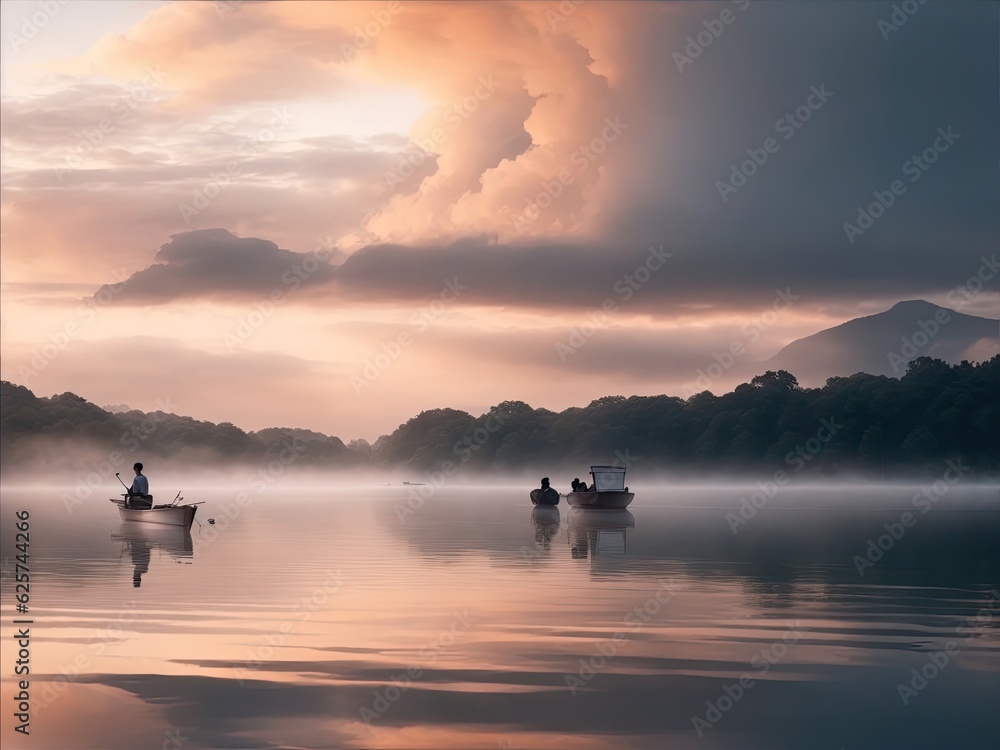 Boats in the middle of the lake at sunrise- AI Generative Boats in the middle of the lake at sunrise- AI Generative