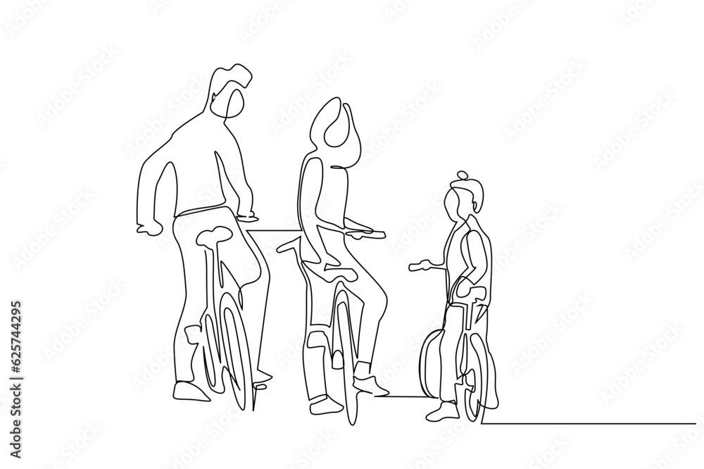 happy family mom dad and kids riding bike together activity lifestyle line art