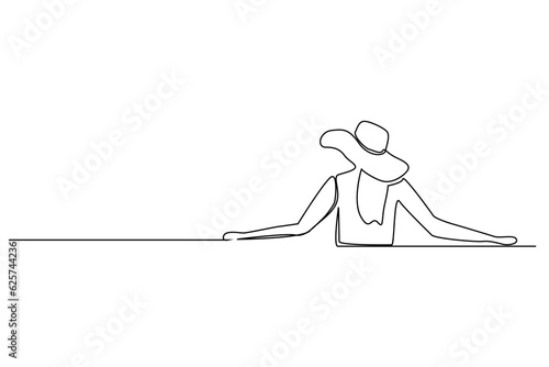 young beautiful woman relax vacation  hat hotel pool behind rear back videw line art