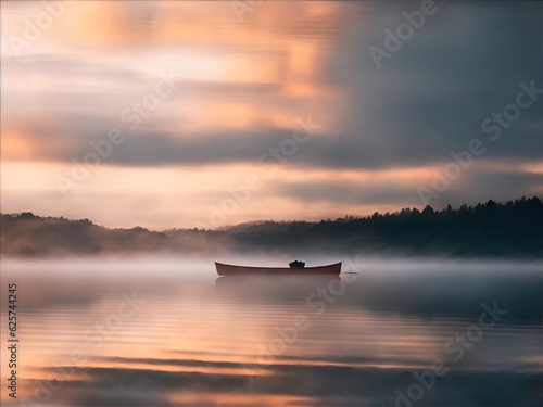 Boats in the middle of the lake at sunrise- AI Generative