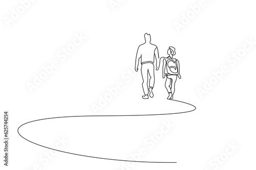 father and son backpack walking together going to school back behind rear view line art