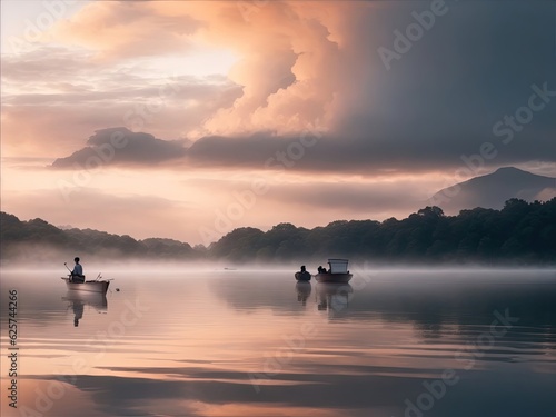 Boats in the middle of the lake at sunrise- AI Generative