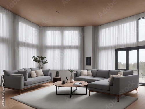 Interior of the living room of a luxury house with large windows and modern gray furniture, natural light on a sunny day- AI Generative