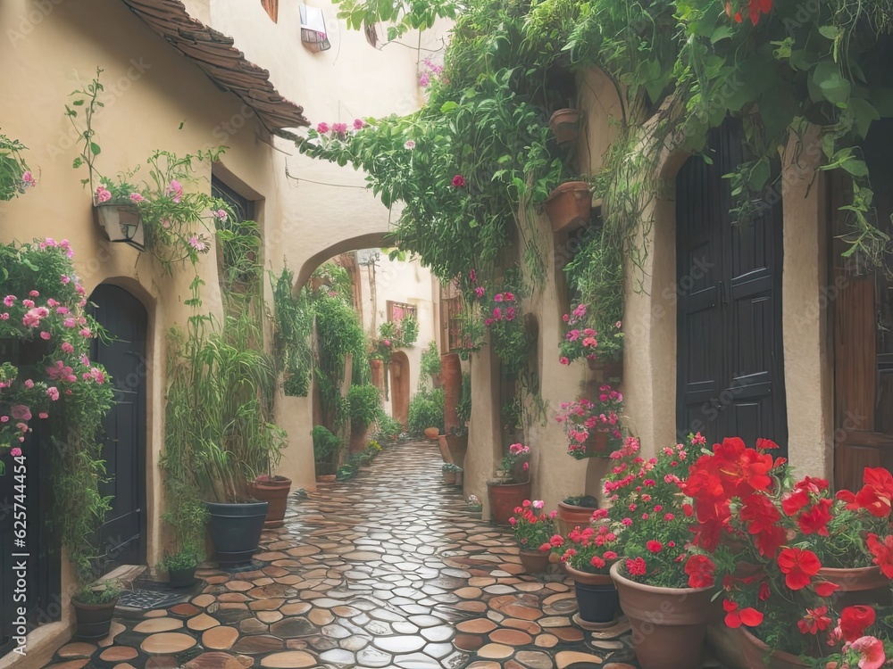 Alley with Mexican architecture, the facades are full of plants and the stone floor on an afternoon after the rain.- AI Generative