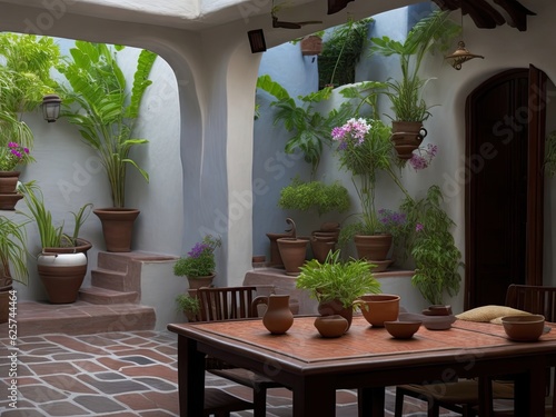 Interior patio of a house with Mexican architecture with some plants, you can see the wooden dining room in an afternoon- AI Generative