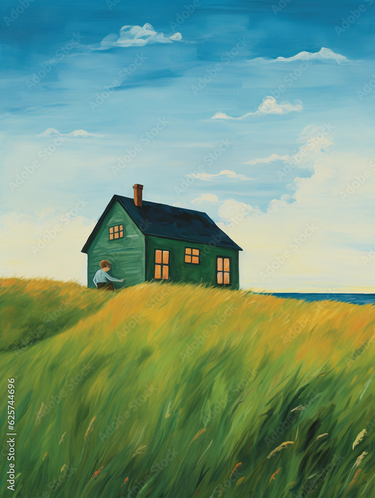 an illustration of a boy in the grass on a house with a window and in tall green grass created by generative AI
