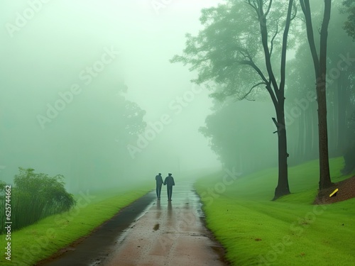 Silhouette of a person walking on a path on a rainy afternoon with fog in the countryside- AI Generative