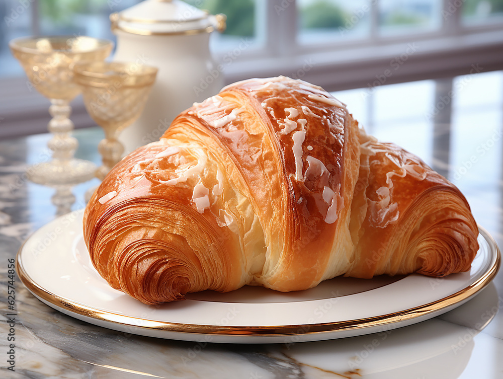 photography of french croissant on the white marble table AI generated photography of french croissant on the white marble table AI generated