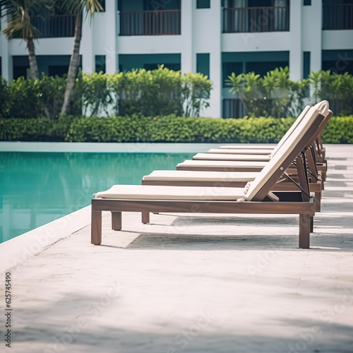 Illustration of beach luxury villa hotel ocean. Empty deck chair around outdoor swimming pool in hotel resort for leisure vacation. Realistic 3D illustration. Generative AI © Vagner Castro