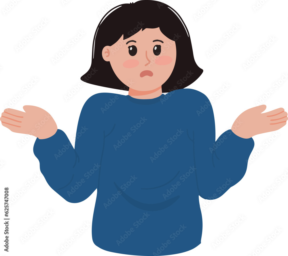 Portrait of Young woman feeling confused and clueless showing have no idea gesture shrugging shoulders vector illustration Portrait of Young woman feeling confused and clueless showing have no idea gesture shrugging shoulders vector illustration
