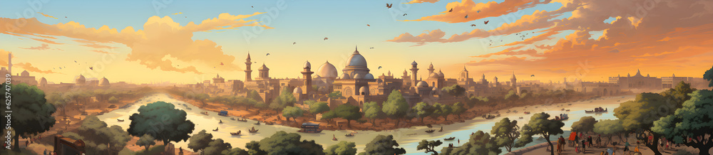 sunset New Delhi cartoon style ,Generative AI