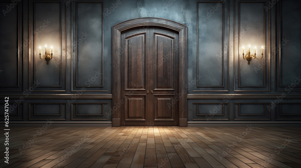 a rustic room with brown locked doors. Generative AI a rustic room with brown locked doors. Generative AI