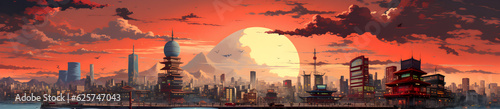 sunset Tokyo cartoon style ,Generative AI