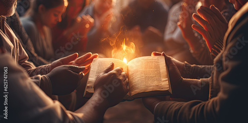 Foto people stand around an open book and worship it, golden sparks fly out of the book