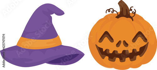 Vector of halloween event celebration scary pumpkin icon and witches hat clipart
