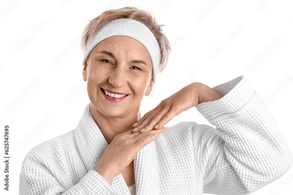 Mature woman with marked face for filler injections on white background, closeup Mature woman with marked face for filler injections on white background, closeup
