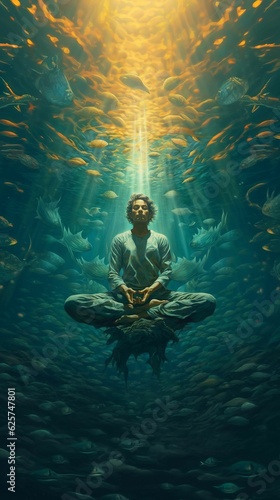 Man Meditating Underwater Art Graphic